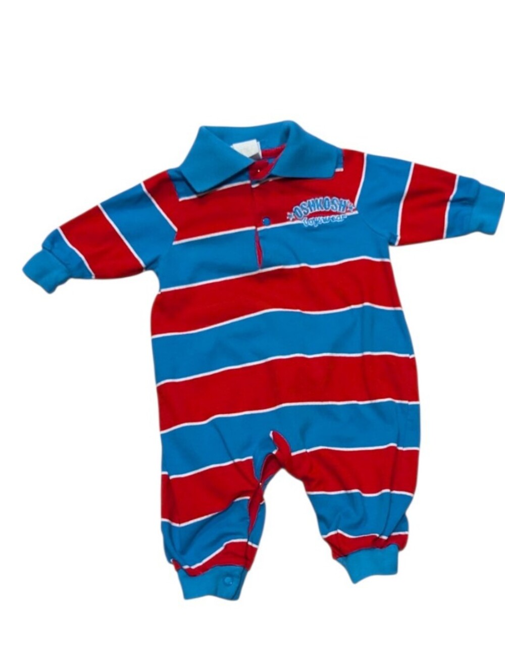 Vintage Oshkosh blue Red Striped Long Sleeve Polo Romper Baby 3-6M 100% Cotton